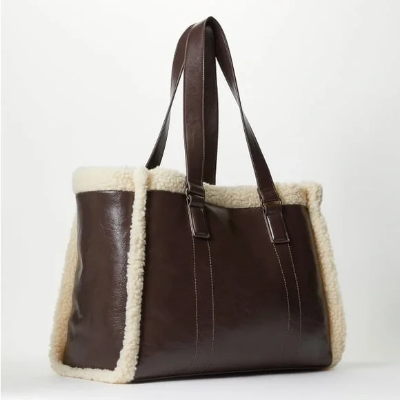 Faux Shearling Trimmed Vegan Leather Tote Bag - Picture 1 of 7